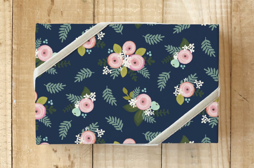 "Garden Ranunculus " - Wrapping Paper in Midnight Blue by Itsy Belle Studio - Front