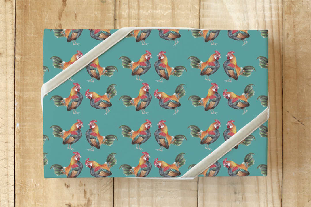 "Rooster Wrapping Paper" - Wrapping Paper in Teal by Lauren Rogoff - Front