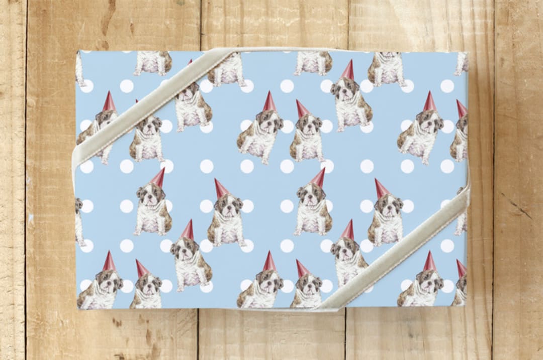 "Bulldog Birthday " - Wrapping Paper in Baby Blue by Lauren Rogoff - Front