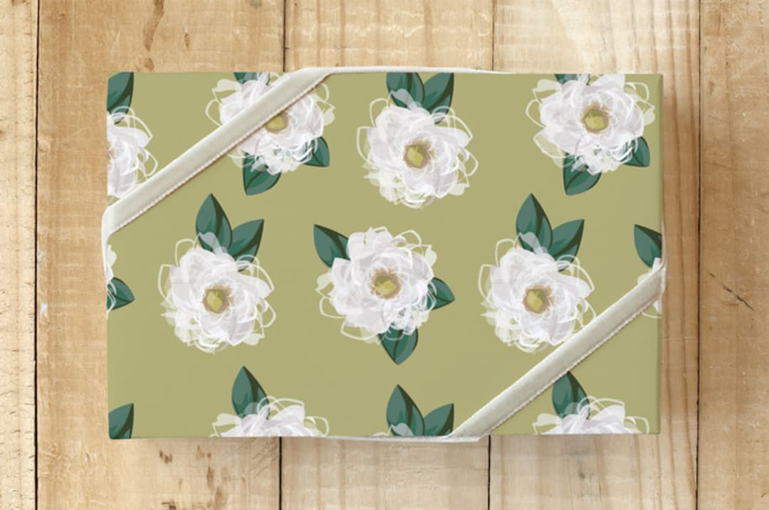 "Southern Magnolia Pattern" - Wrapping Paper in Gold by Lauren Hughes - Front