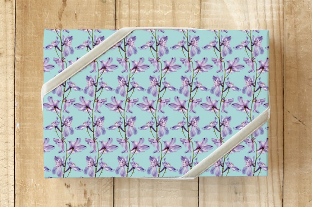 "Blossoms on a Branch" - Wrapping Paper in Blue Bird by Lauren Hughes - Front