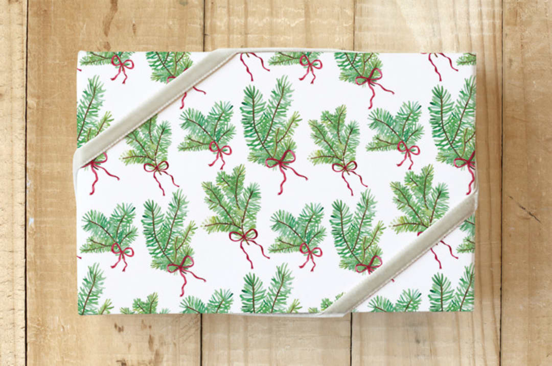 "Holiday Greenery and Bows" - Wrapping Paper in Green and Red by Luz Alliati - Front
