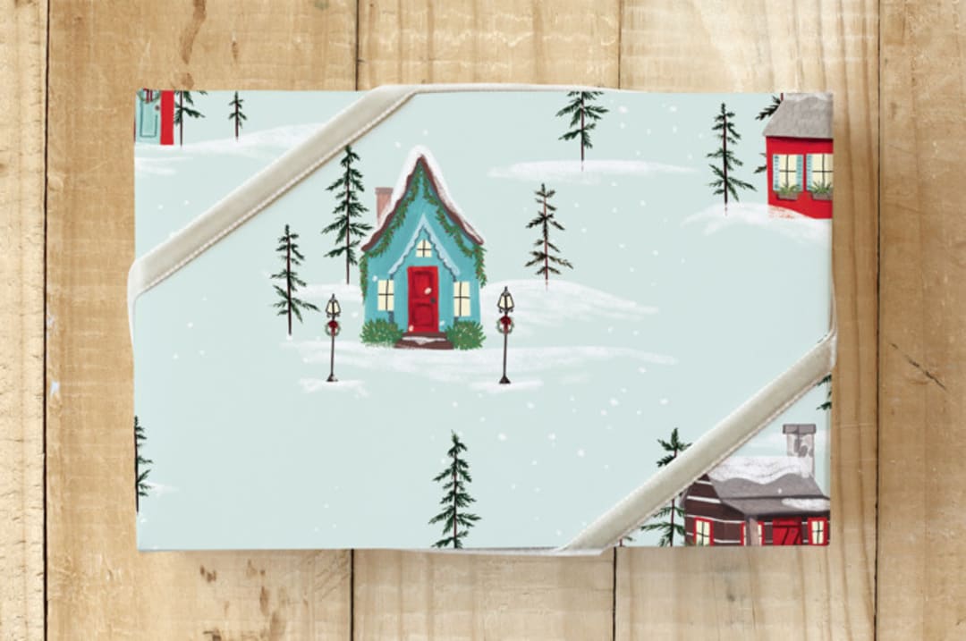 "Merry Little Houses" - Wrapping Paper in Cool Mint by Jen Boehler - Front