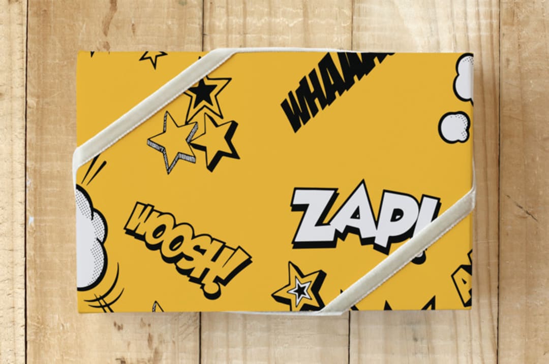 "Super Hero Comic" - Wrapping Paper in Comic Book Yellow by MinimalType - Front