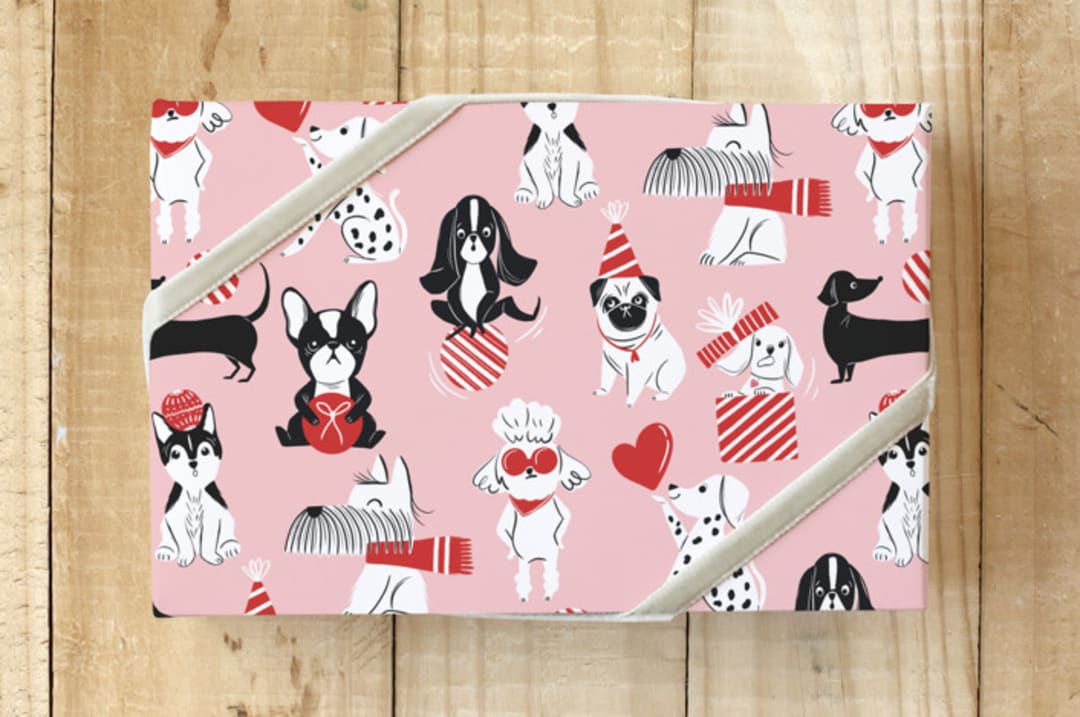 "Xmas Dogs" - Wrapping Paper in Pink by Vivian Yiwing - Front