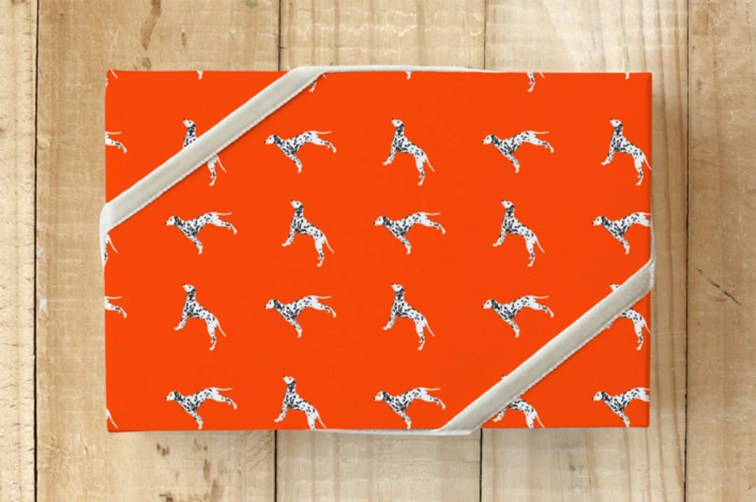 "Illustrated dalmatian " - Wrapping Paper in cajun shrimp by Kelsey Livingston - Front