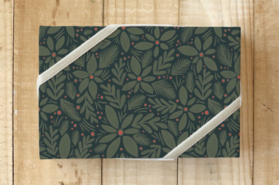 "Brushed Florals" - Wrapping Paper in Dark Green by Jen Owens - Front