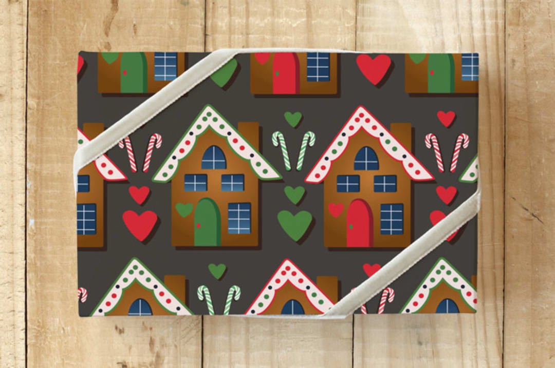 "GingerbreadHouses" - Wrapping Paper in Gingerbread by Lisa Travis - Front