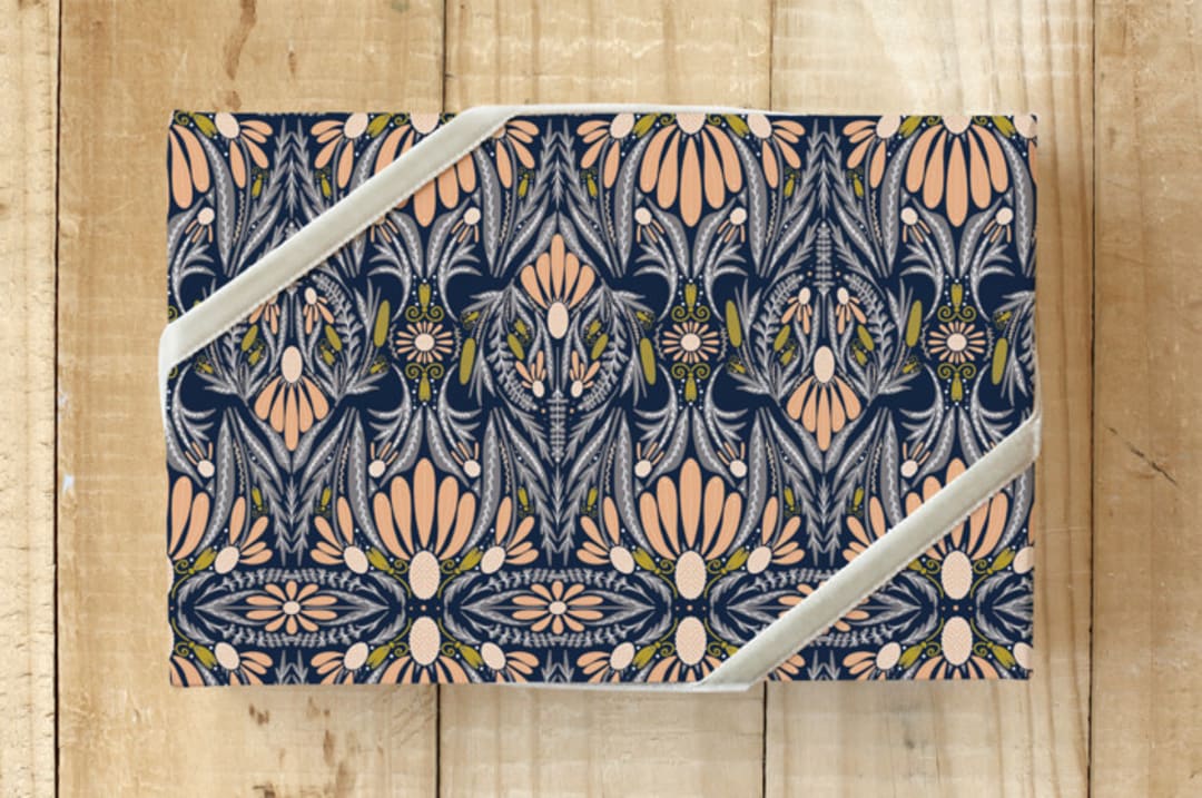 "Maximalist Folk Art Coneflowers" - Wrapping Paper in Navy by Calee A.H. Cecconi - Front