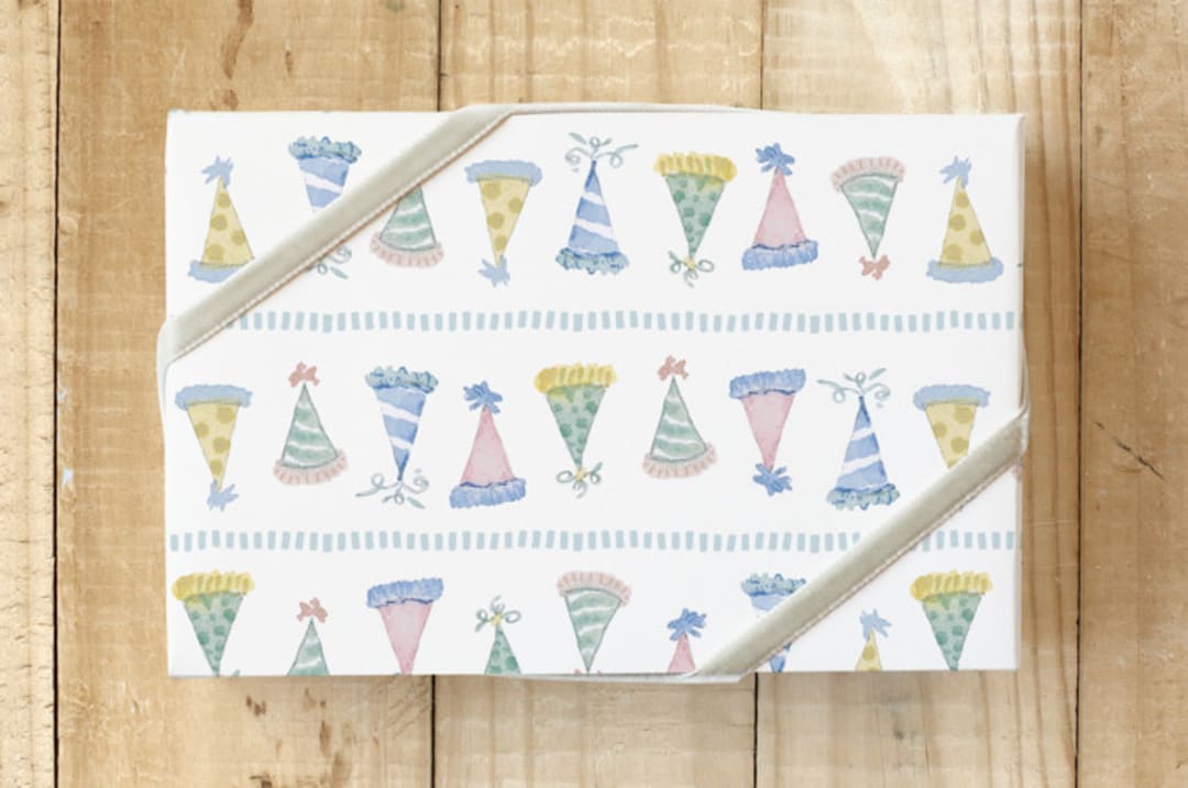 "Party Hat Parade" - Wrapping Paper in Mint by Tina Faselli - Front