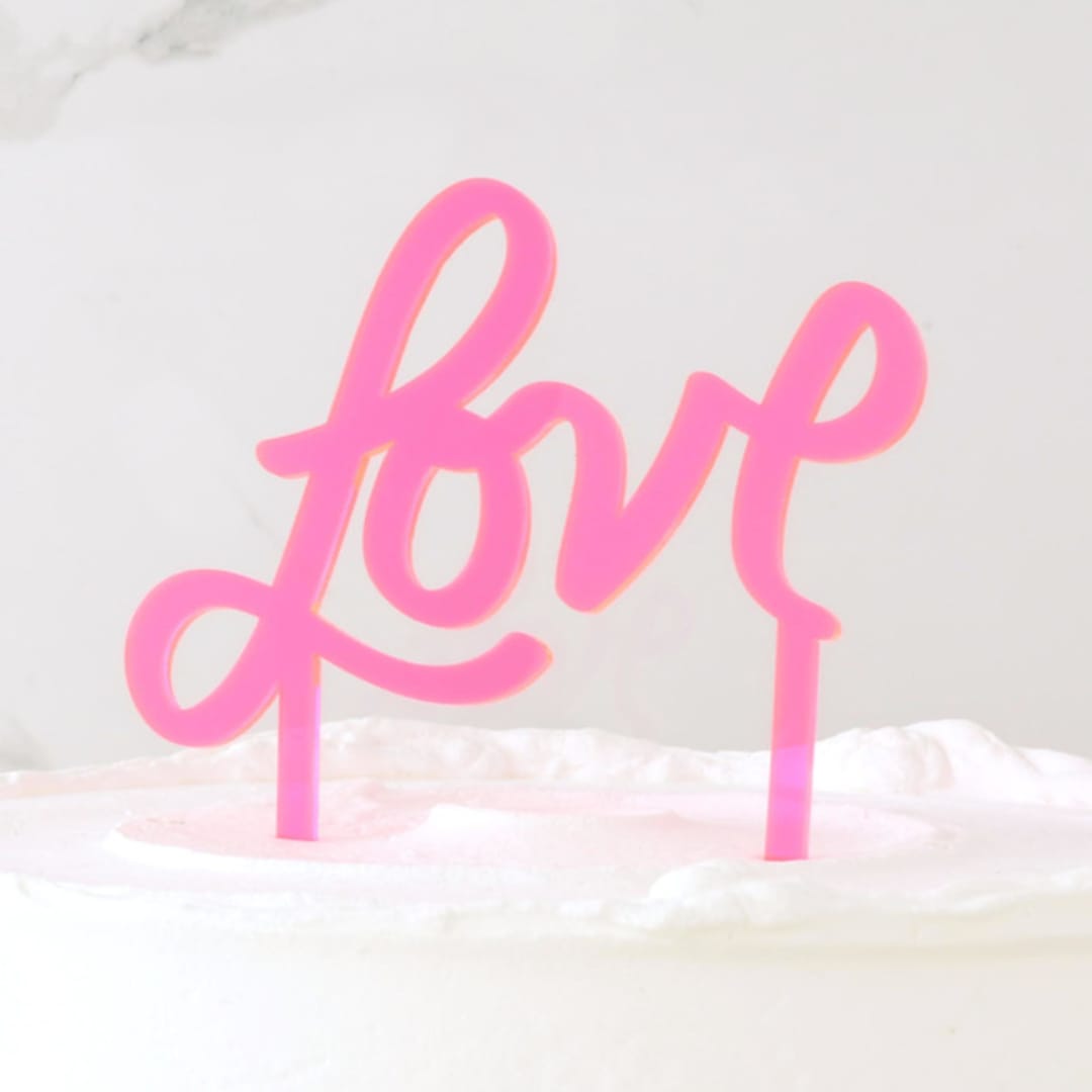 "Hand Drawn Love Cake Topper, Fluorescent Pink" - Cake Toppers in pink by Em and Me Studio