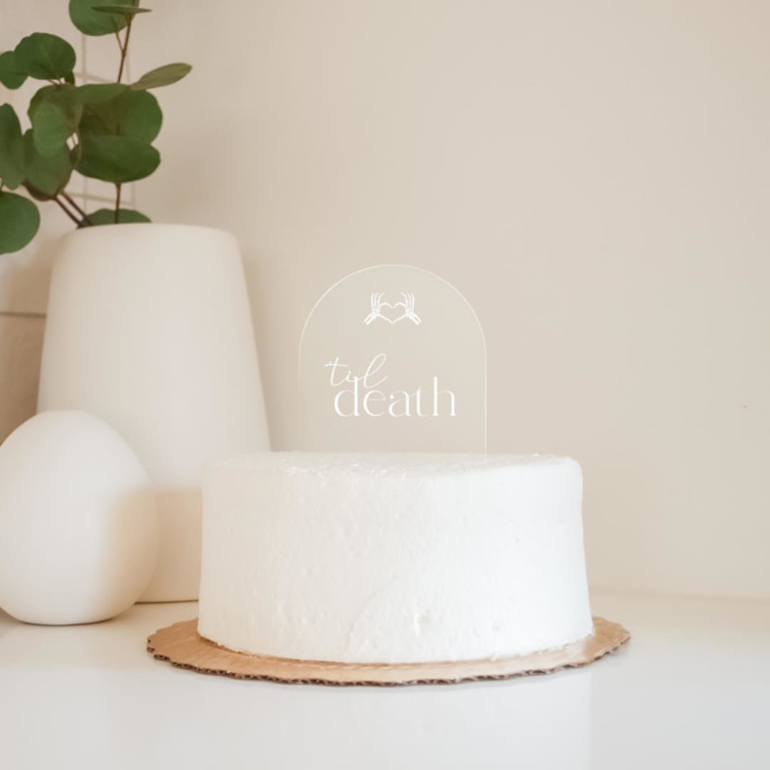 Skeleton Heart "'Til Death" Arch Acrylic Cake Topper - White Ink