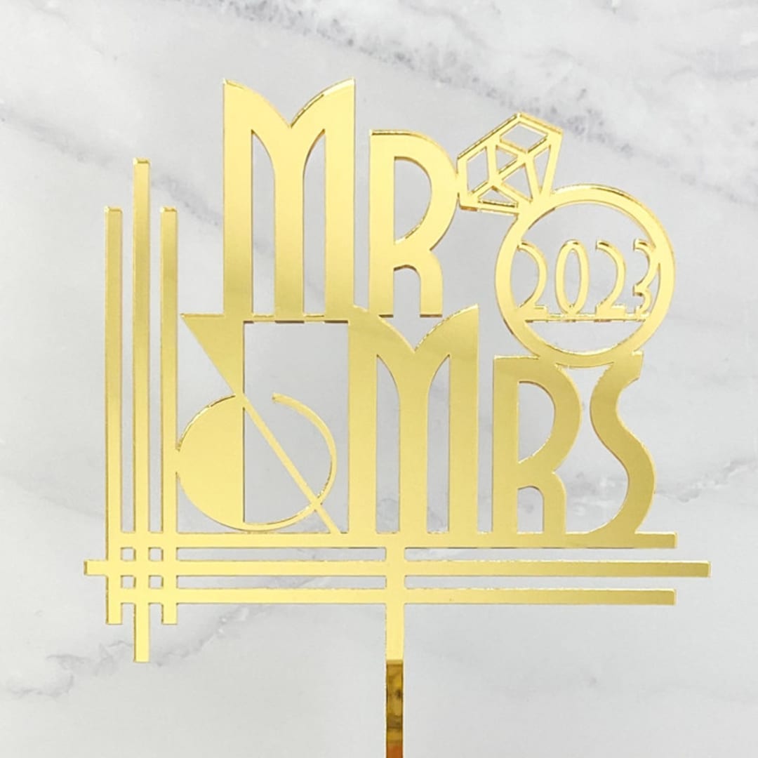 Art Deco "Mr & Mrs 2023" Cake Topper - Gold Mirror