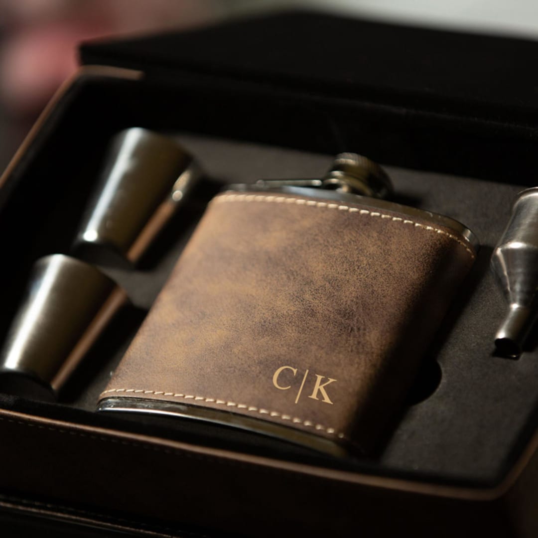 "Rustic Brown Custom Engraved Flask Gift Set" - Groomsmen Gifts in brown by Great Little Favor Co
