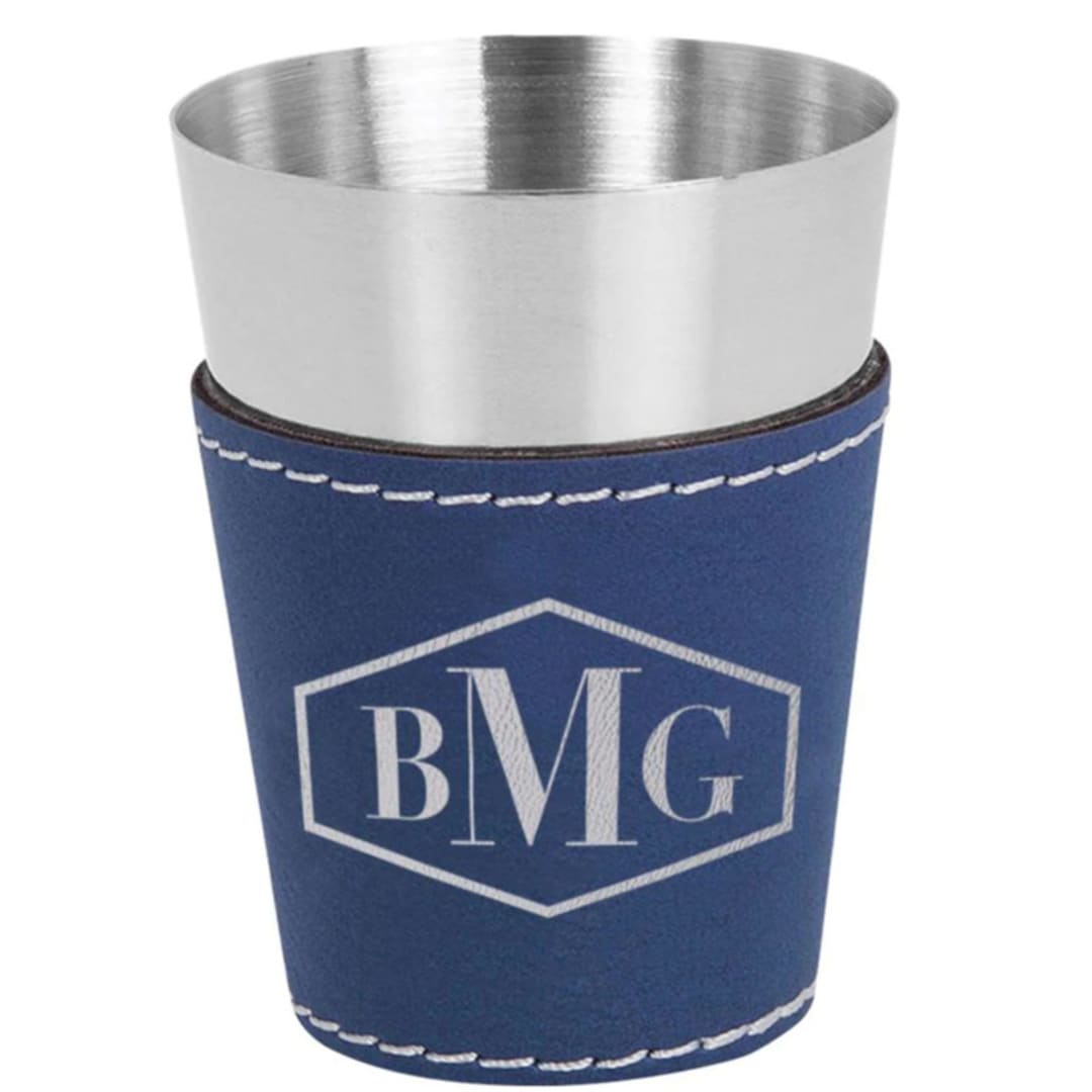 Engraved Leather & Stainless Steel Shot Glass Pair