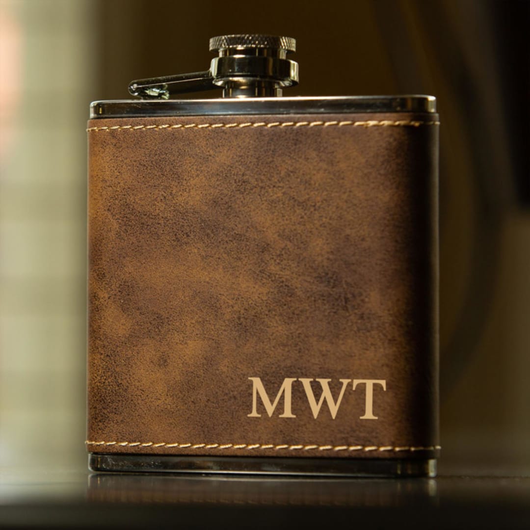 "Custom Engraved Rustic Brown Initials Flask" - Groomsmen Gifts in brown by Great Little Favor Co