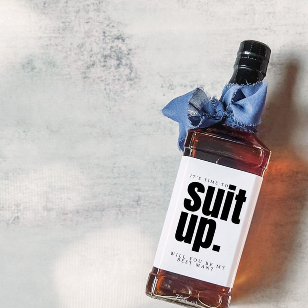 "Best Man Liquor Bottle Label | Suit Up" - Groomsmen Gifts in white by The Pretty Little Mess