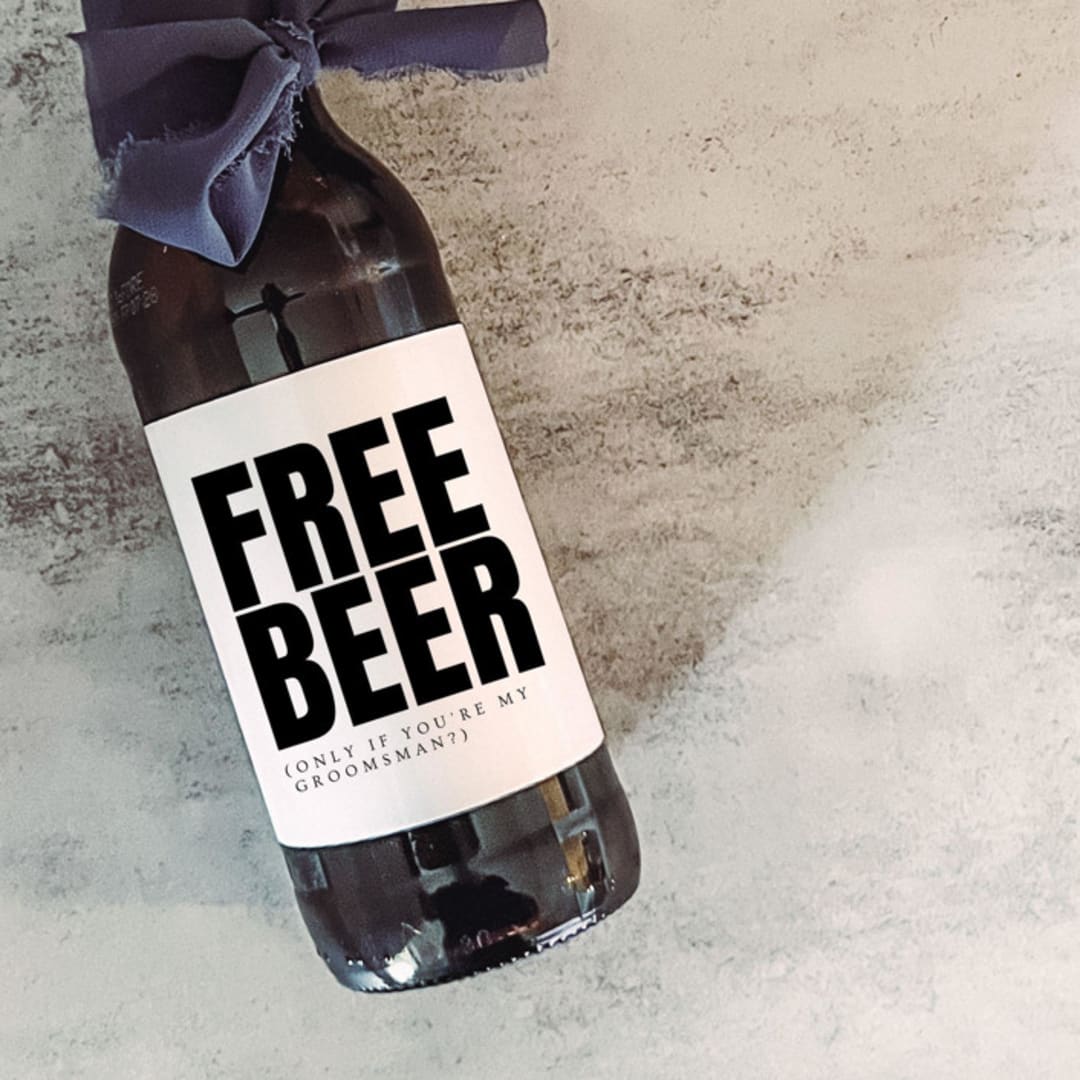 "Set of 6 Groomsman Beer Bottle Labels | Free Beer" - Groomsmen Gifts in white by The Pretty Little Mess