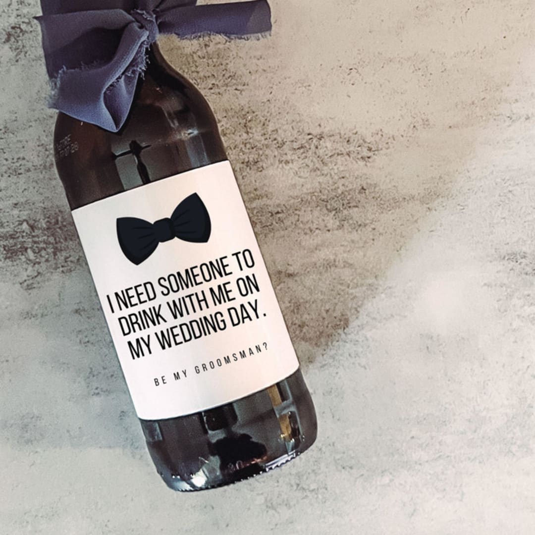 "Set of 6 Groomsman Beer Bottle Labels | Need Someone to Drink with me on my Wedding Day" - Groomsmen Gifts in white by The Pretty Little Mess