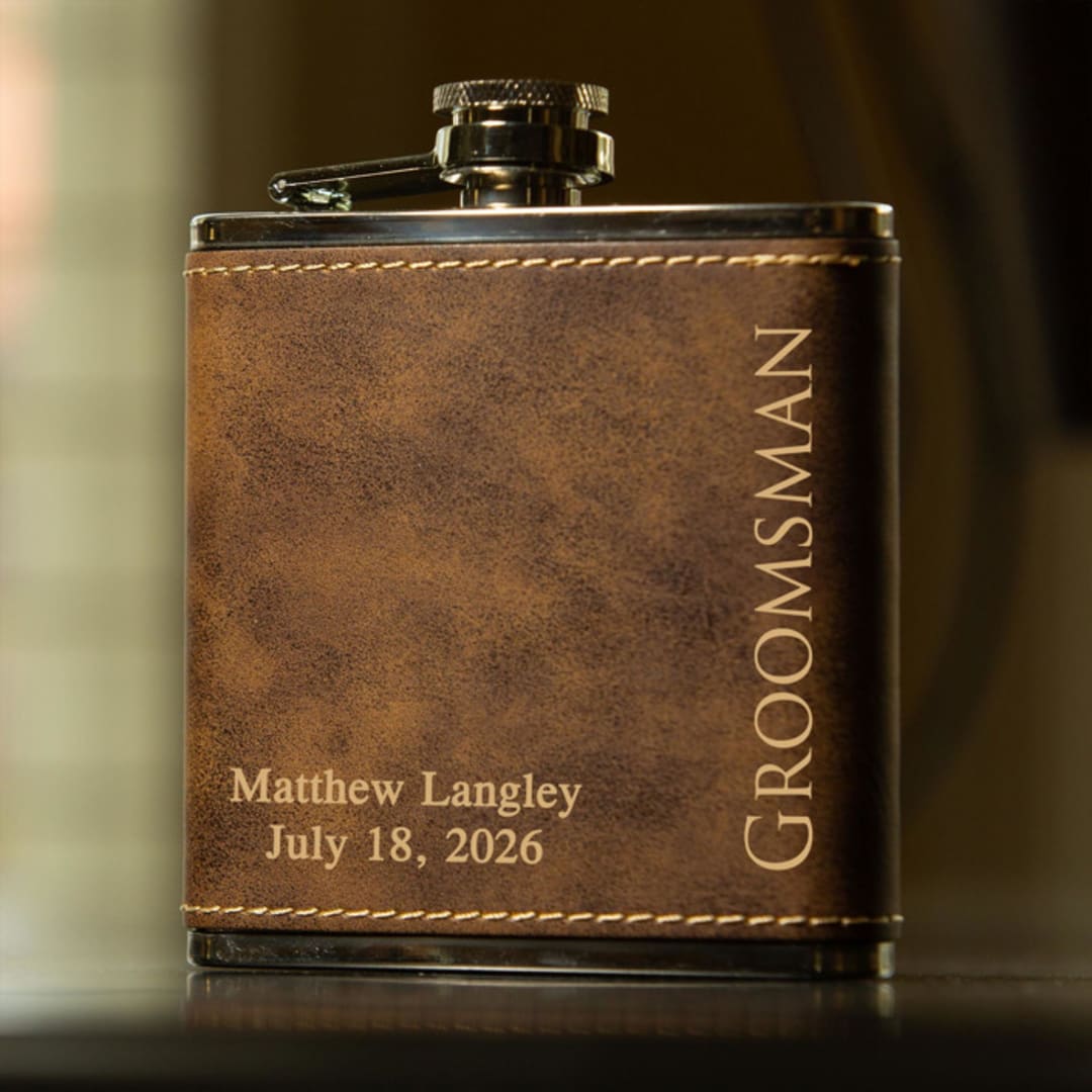 Custom Engraved Rustic Brown Bridal Party Flask