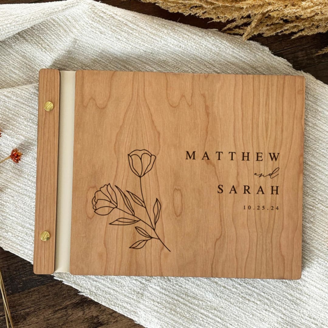"Sleek Botanical Wedding Guest Book | Cherry Wood | 8.5 x 11" - Guest Books in natural by Katrina Mejia
