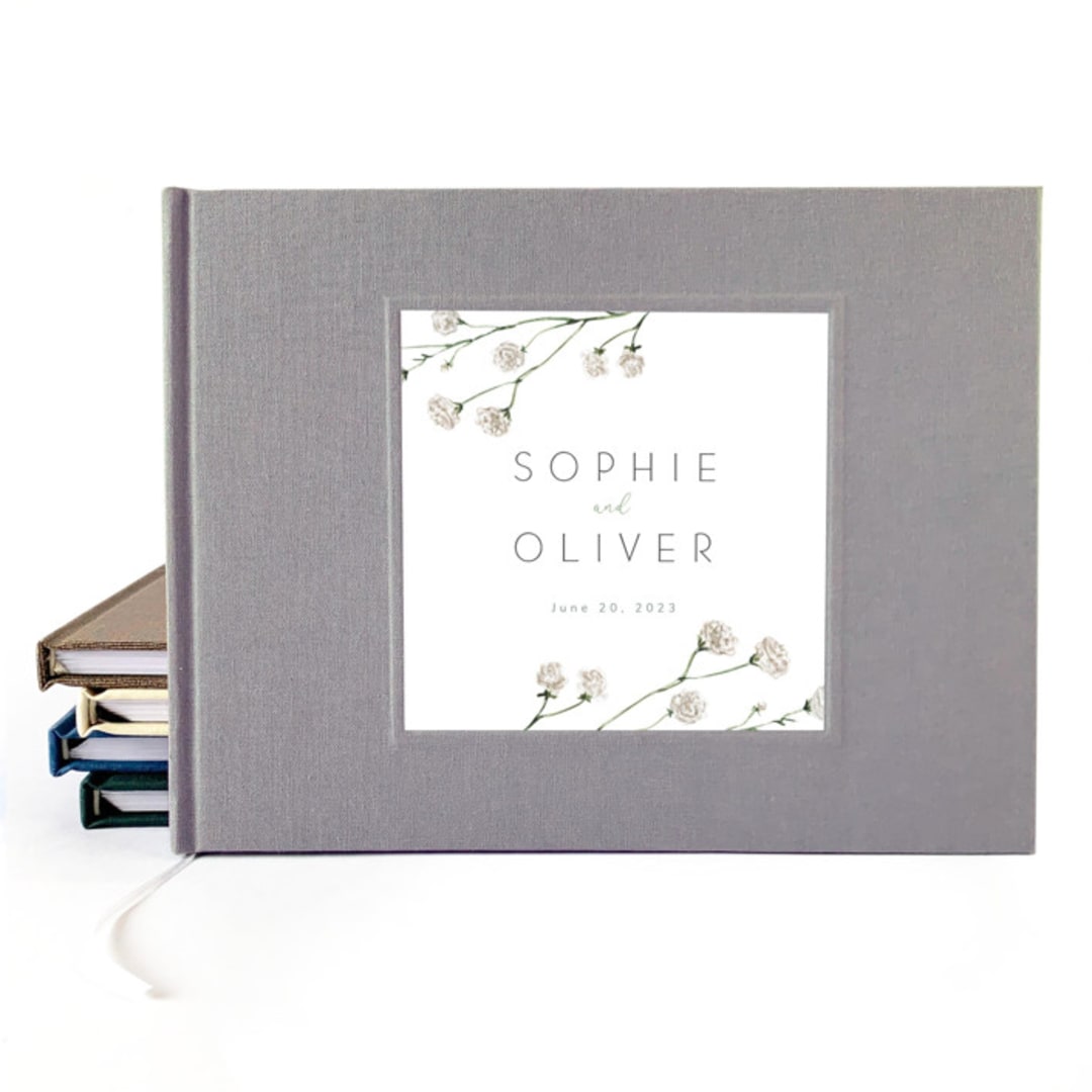 "Custom Wedding Guest Book · Classic Floral Accents · Gray Linen" - Guest Books in gray by Transient Books