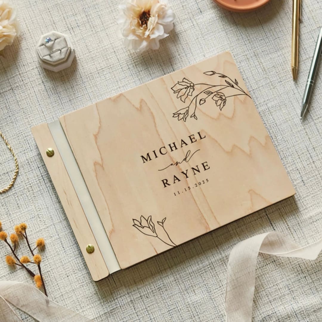 "Boho Floral Wedding Guest Book | Maple Wood | 8.5 x 11" - Guest Books in beige by Katrina Mejia