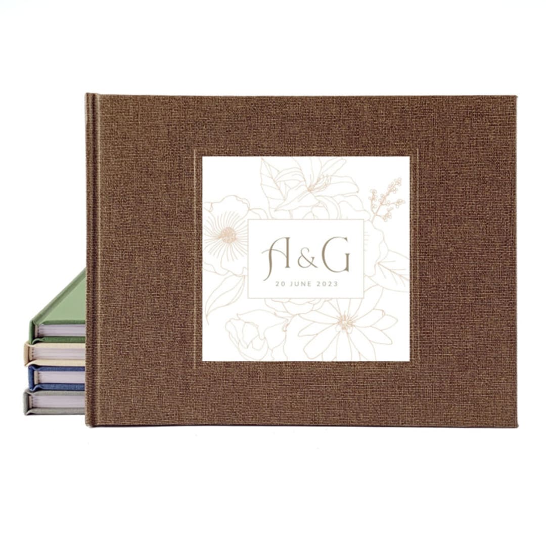 Custom Wedding Guest Book · Classic Floral Minimalist · Rustic Brown Linen