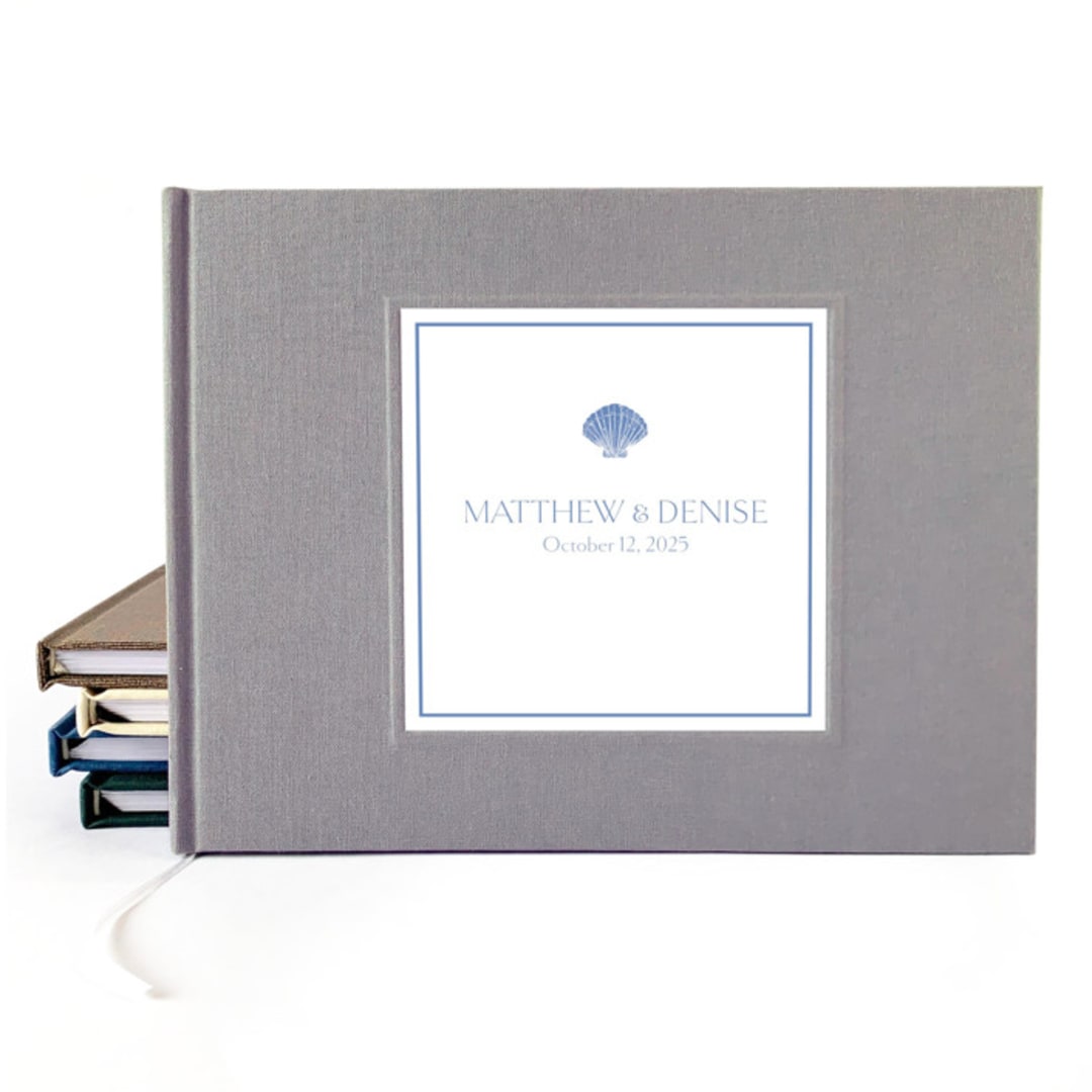"Custom Wedding Guest Book · Minimalist Nautical Shell · Gray Linen" - Guest Books in gray by Transient Books