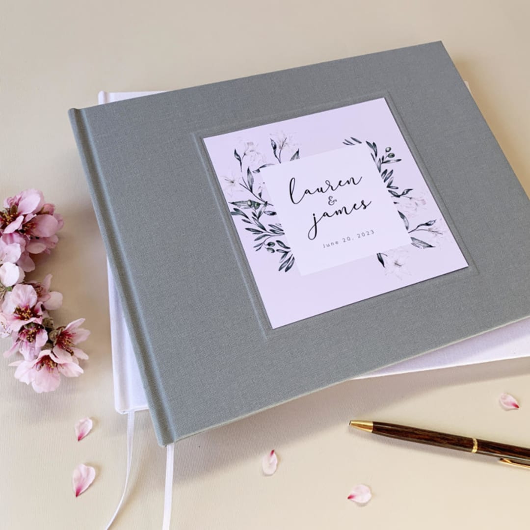 Custom Wedding Guest Book | Floral Bouquet | Gray & Plum