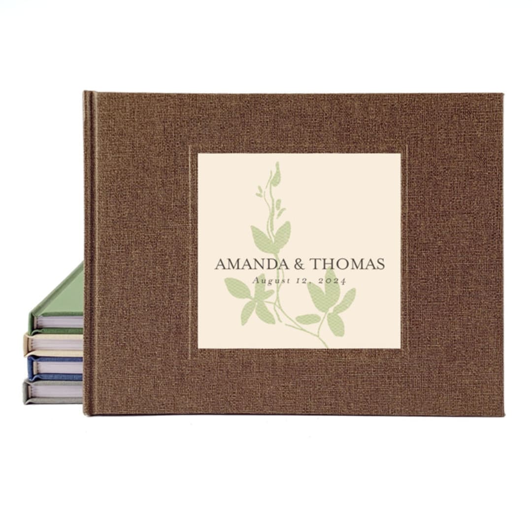 "Custom Wedding Guest Book · Botanical Leaf · Rustic Brown Linen" - Guest Books in brown by Transient Books