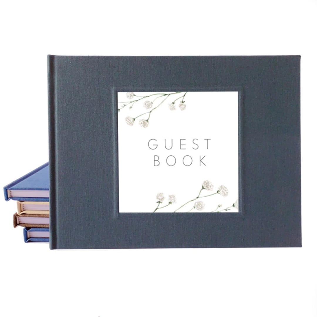 Wedding Guest Book · Classic Floral Minimalist · Dark Gray Linen