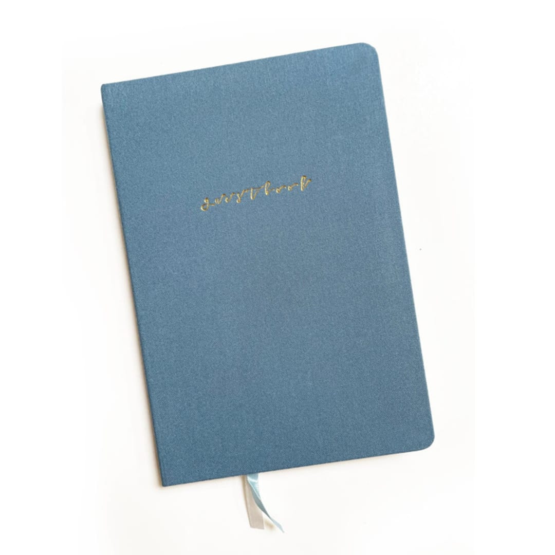 "Linen Wedding Guestbook | Gold Foil on Dusty Blue Linen" - Guest Books in blue by Jessica Cunningham