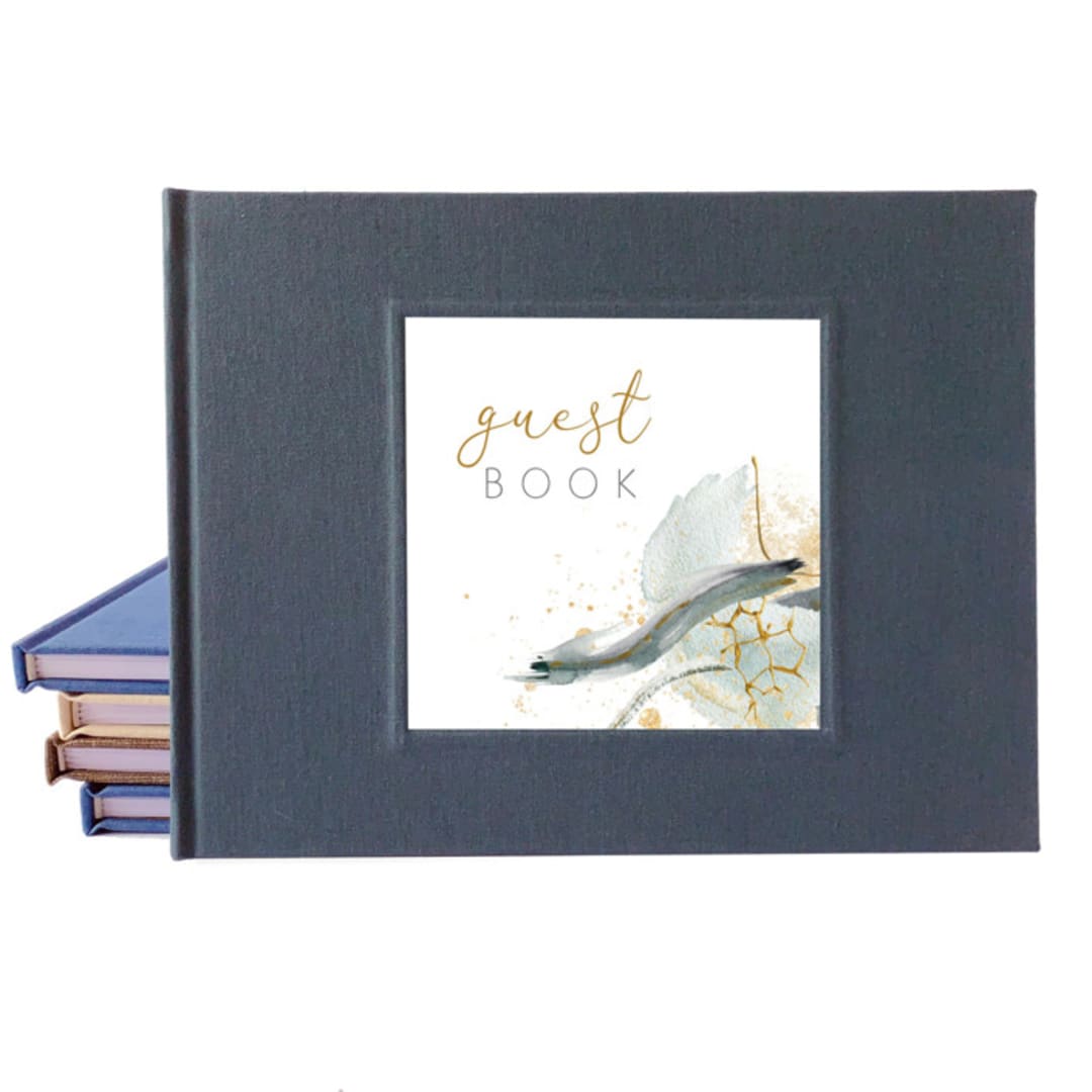 Wedding Guest Book · Elegant Golden Watercolor Accent · Dark Gray Linen
