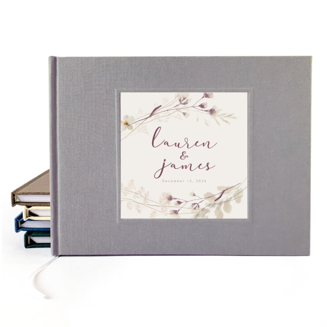 "Custom Wedding Guest Book · Vintage Floral Bouquet · Gray Linen" - Guest Books in gray by Transient Books