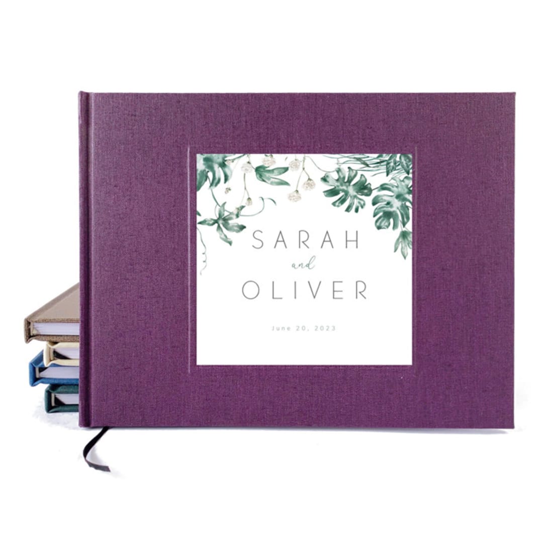 "Custom Wedding Guest Book · Tropical Floral Bouquet · Dark Purple Linen" - Guest Books in purple by Transient Books