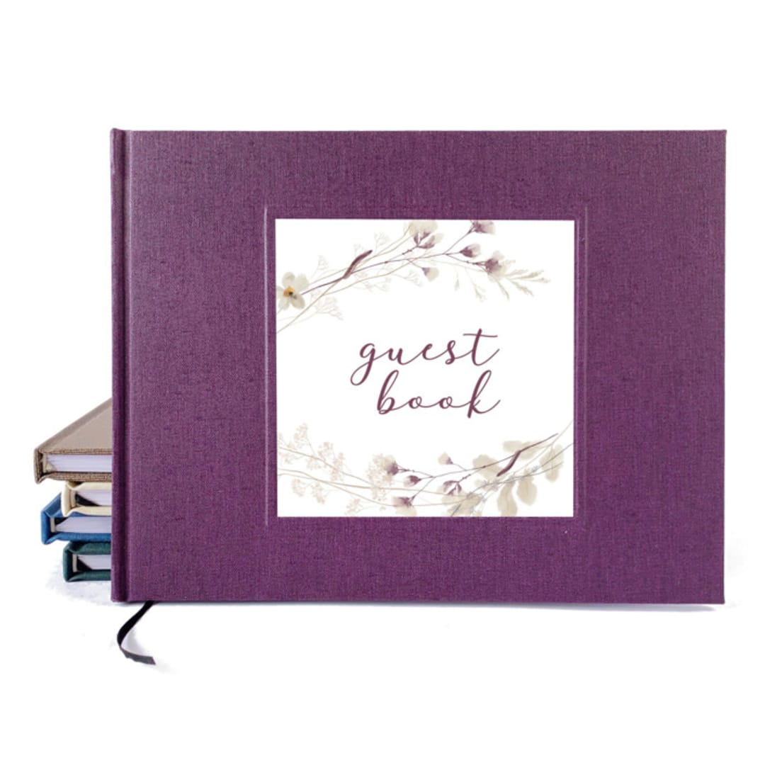 Wedding Guest Book · Botanical Plum Bouquet · Dark Purple Linen