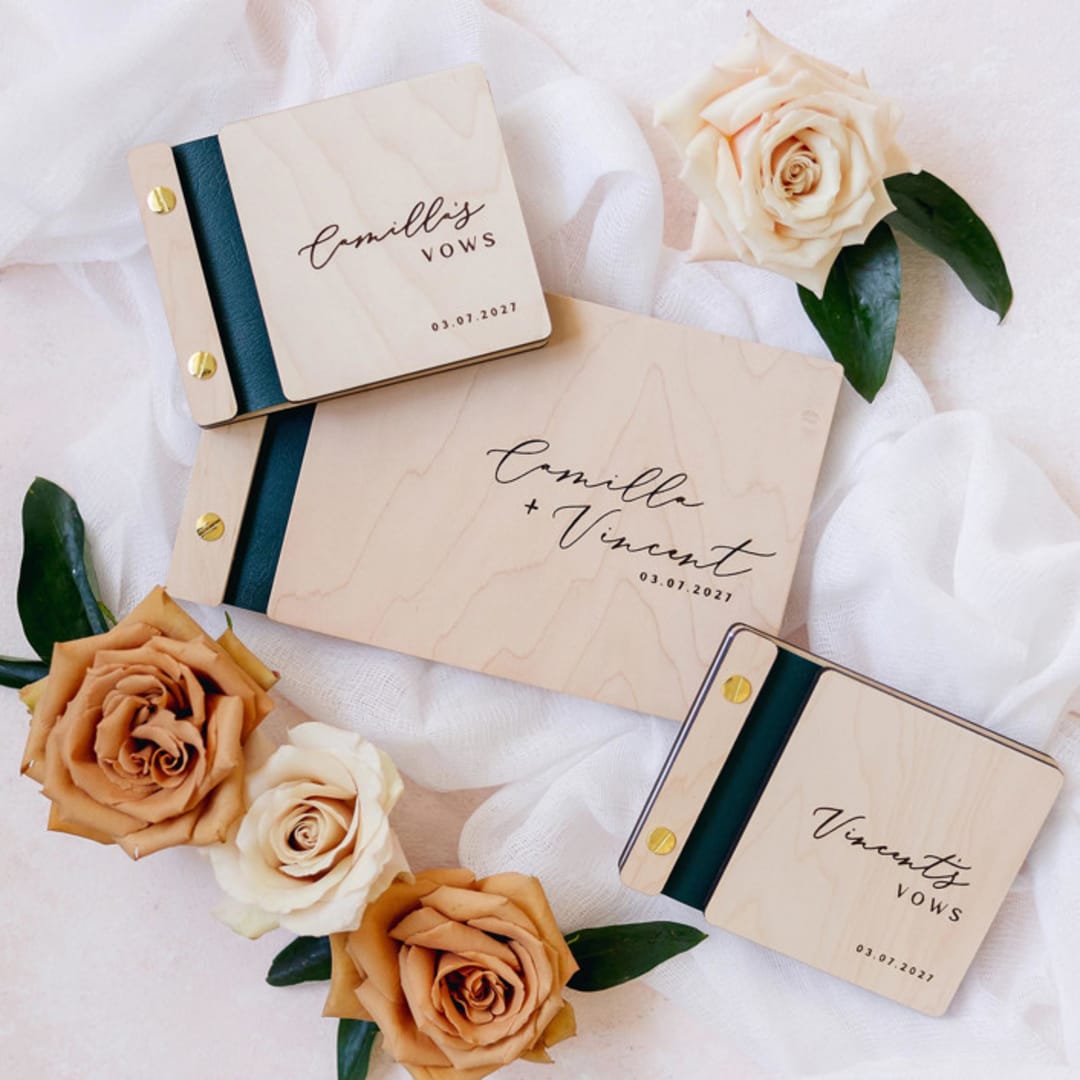 "Romantic Garden Wedding Guest Book & Vow Book Set | Maple Wood | Set of 3 Books" - Guest Books in green by Katrina Mejia