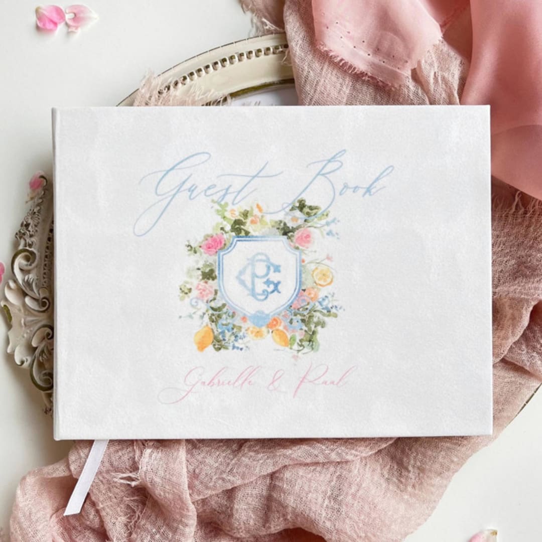 "Personalized White Velvet Wedding Guest Book With Monogram, Custom Wedding Photo Book, Keepsake Book" - Guest Books in white by Self Stationery