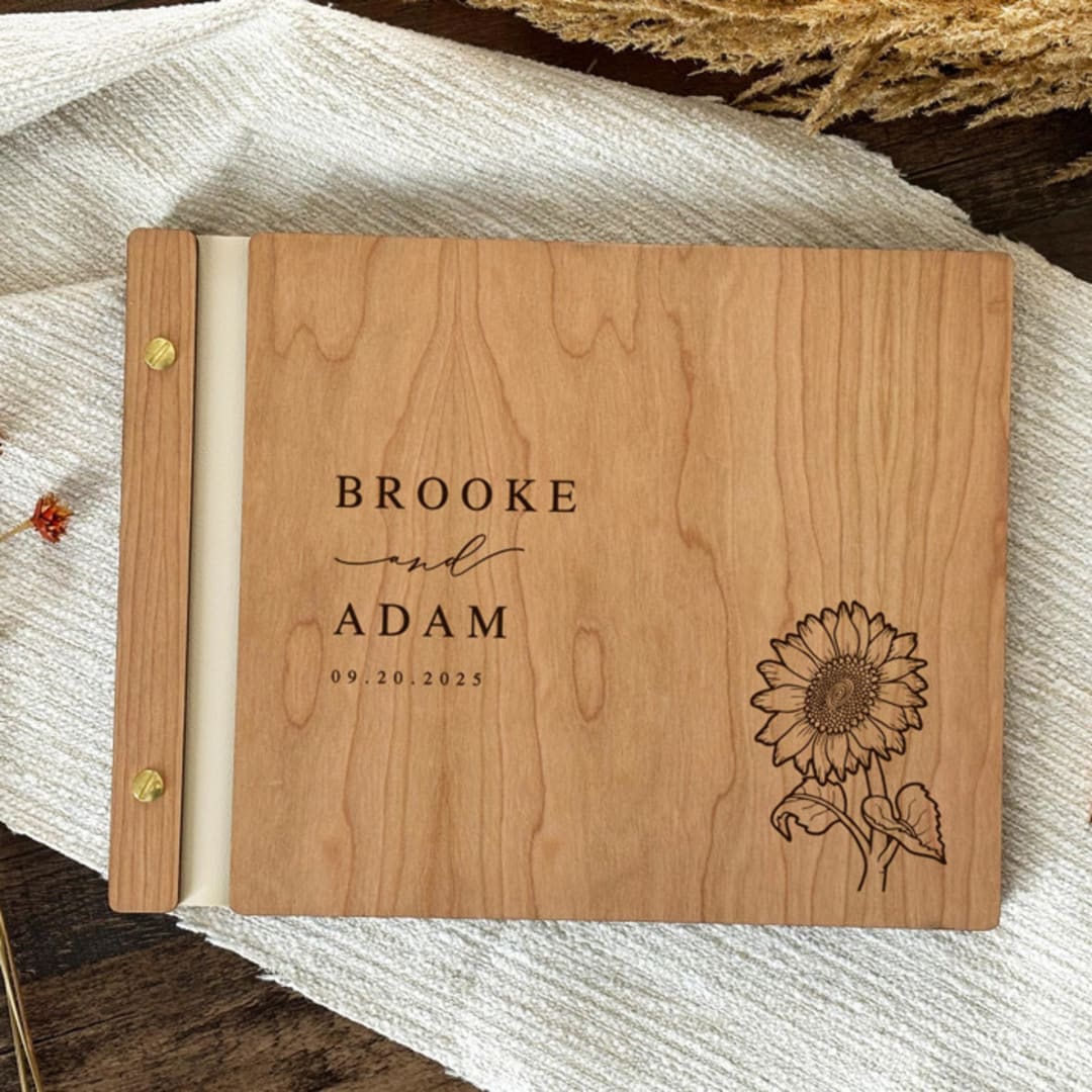 "Nature-Inspired Wildflower Wedding Guest Book | Cherry Wood | 8.5 x 11" - Guest Books in brown by Katrina Mejia