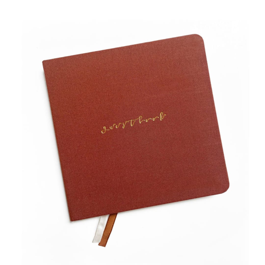 "Square Linen Wedding Guestbook | Gold Foil on Rust Brown Linen Fabric" - Guest Books in brown by Jessica Cunningham