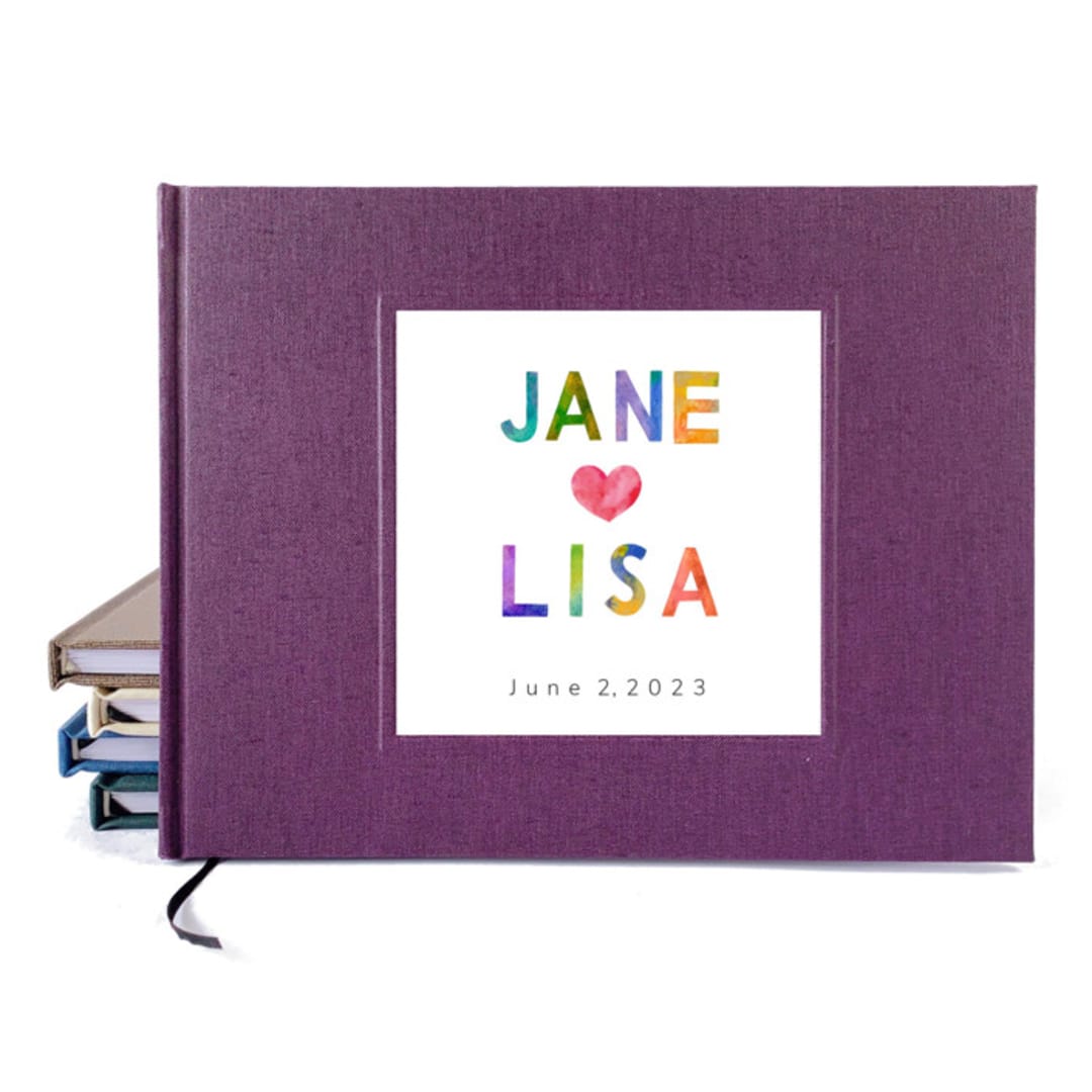 Custom Wedding Guest Book · LGBTQ+ Pride · Dark Purple Rainbow Watercolor