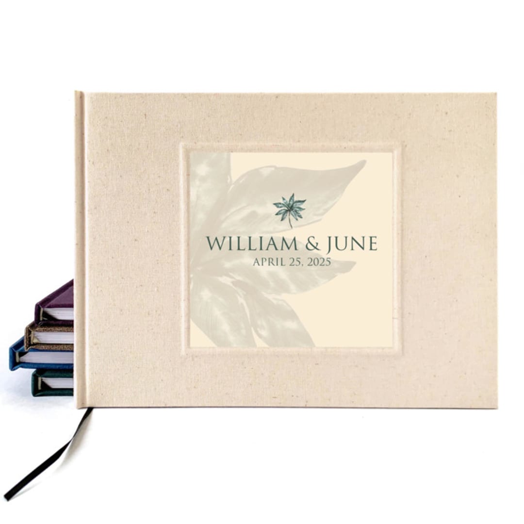 "Custom Wedding Guest Book · Botanical Palm · Natural Cream Linen" - Guest Books in natural by Transient Books