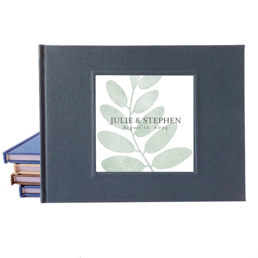 "Custom Wedding Guest Book · Botanical Leaf · Classic Dark Gray Linen" - Guest Books in gray by Transient Books