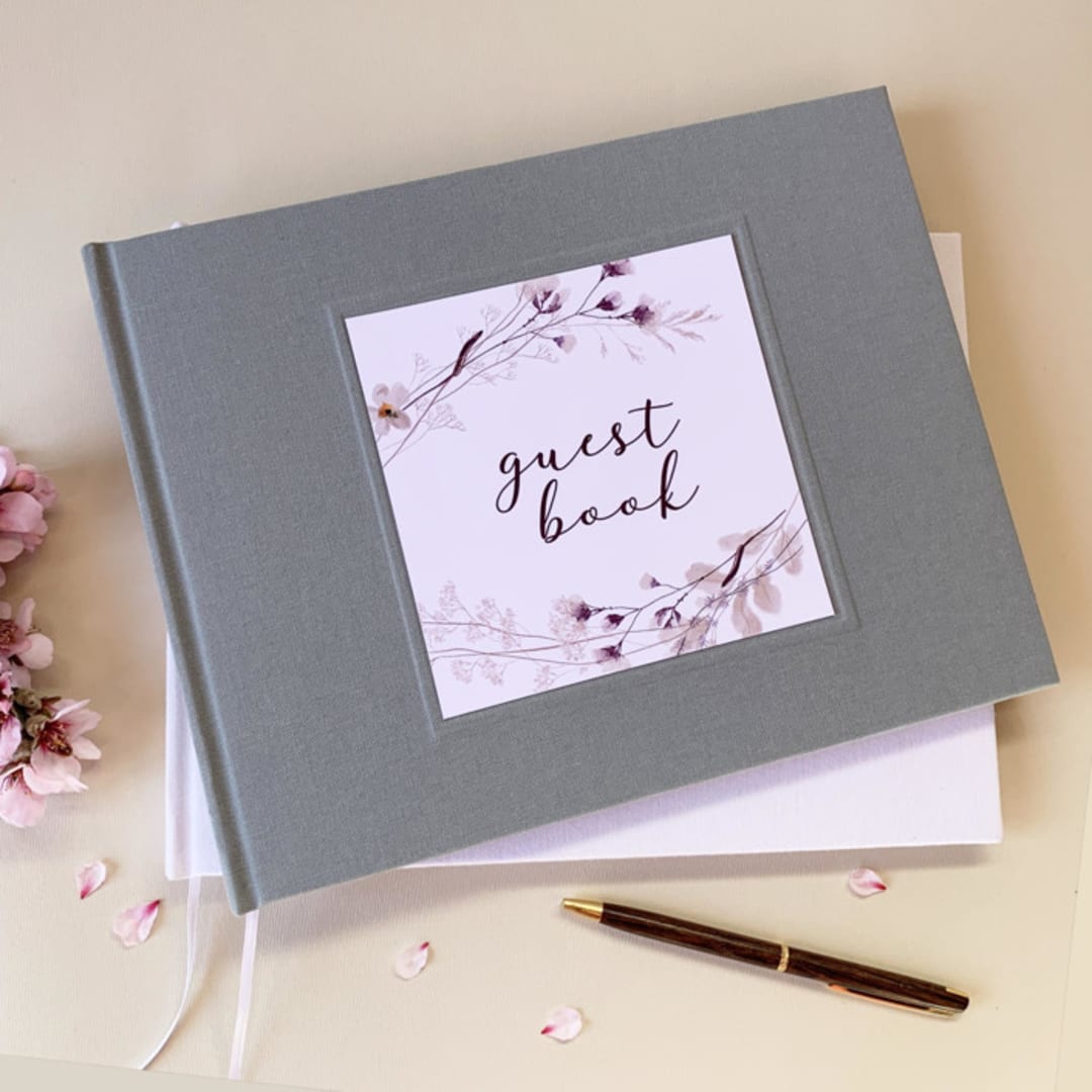 Wedding Guest Book | Floral Bouquet | Gray & Botanical Plum