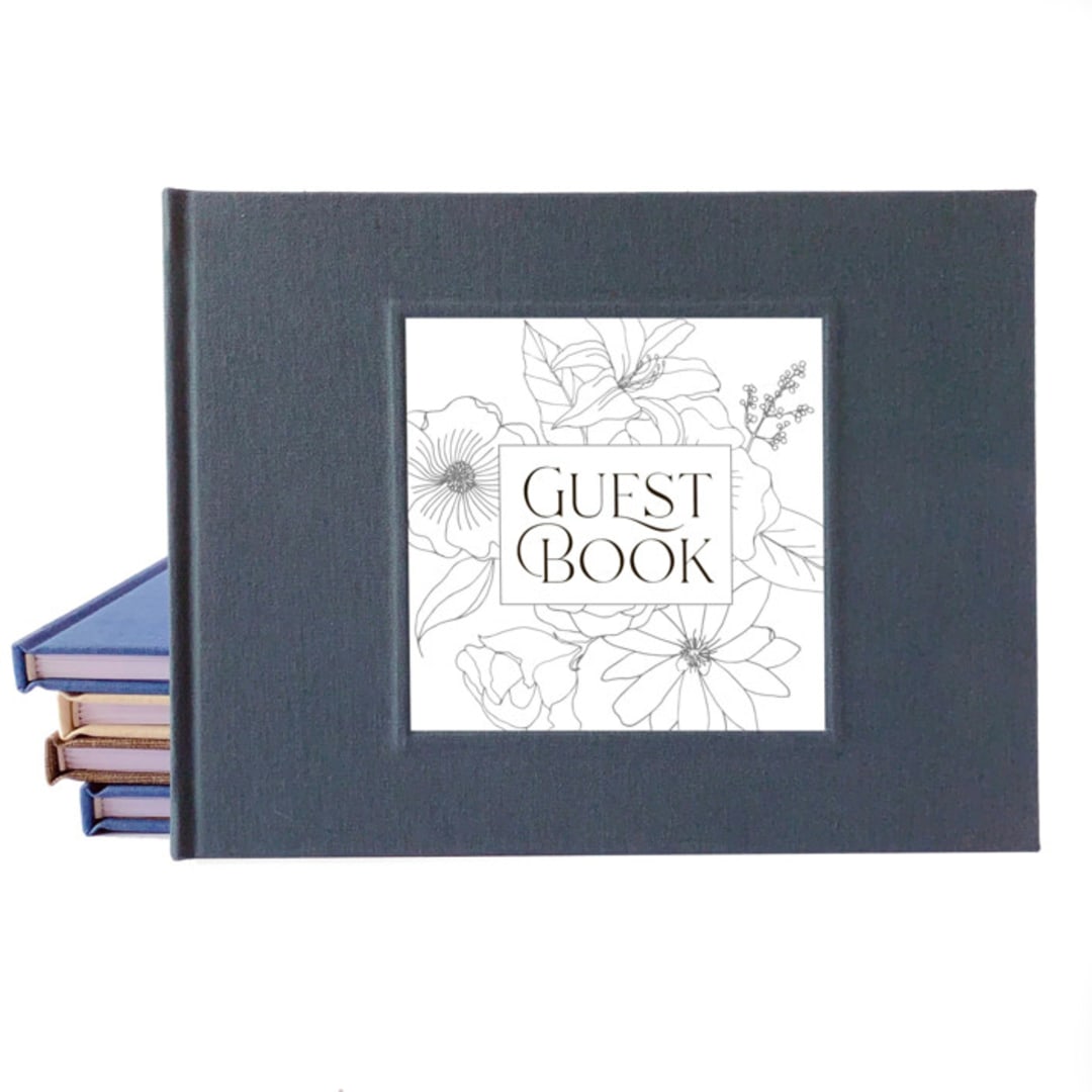 Wedding Guest Book · Classic Floral Minimalist · Dark Gray Linen
