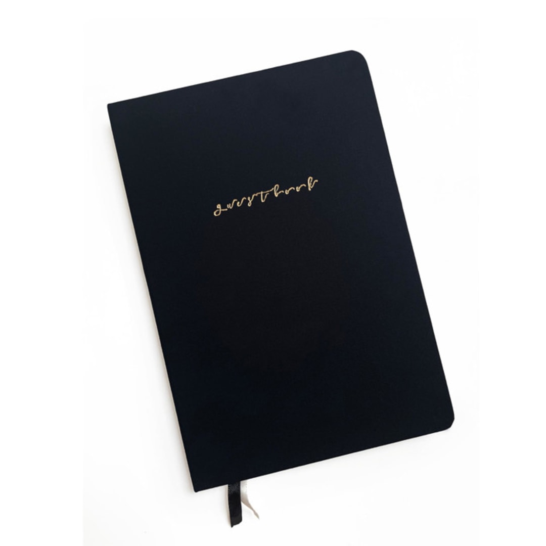 "Linen Wedding Guestbook | Gold Foil on Black Linen" - Guest Books in black by Jessica Cunningham