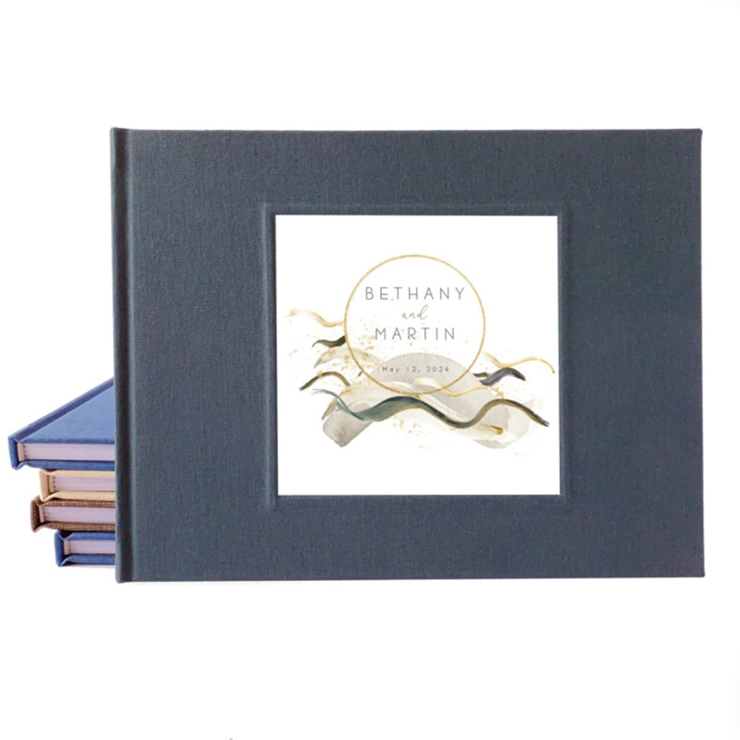 "Custom Wedding Guest Book · Golden Watercolor Splash · Dark Gray Linen" - Guest Books in gray by Transient Books