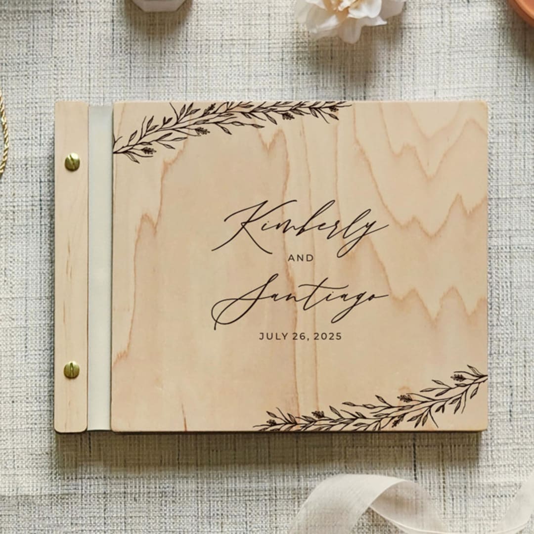 "Floral Grace Wedding Guest Book  | Maple Wood | 8.5 x 11" - Guest Books in beige by Katrina Mejia