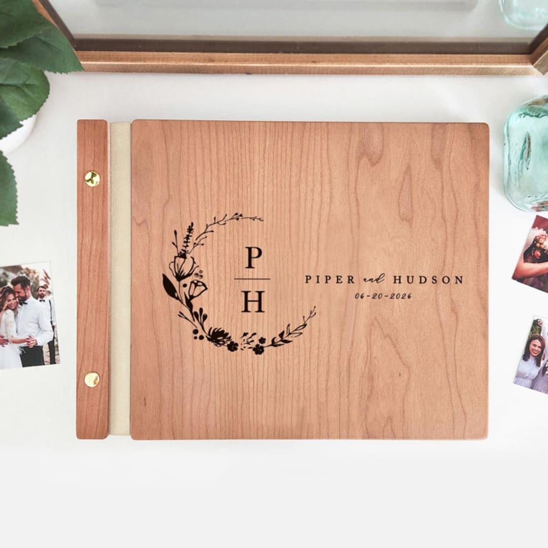 Floral Wedding Guest Book | Cherry Wood | 8.5 x 11